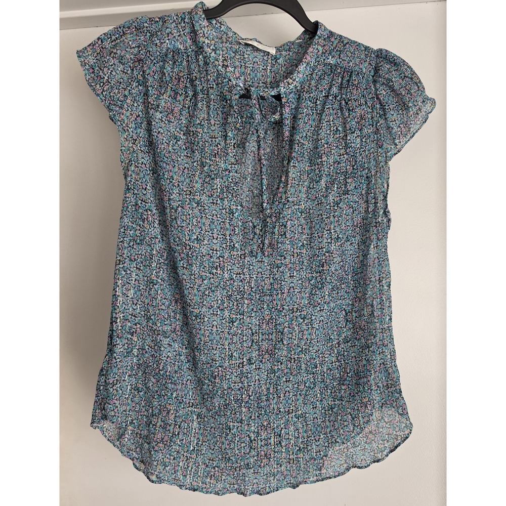 7 For All Mankind Blouse Women M Blue Floral Collared Short Sleeve Top Shirt